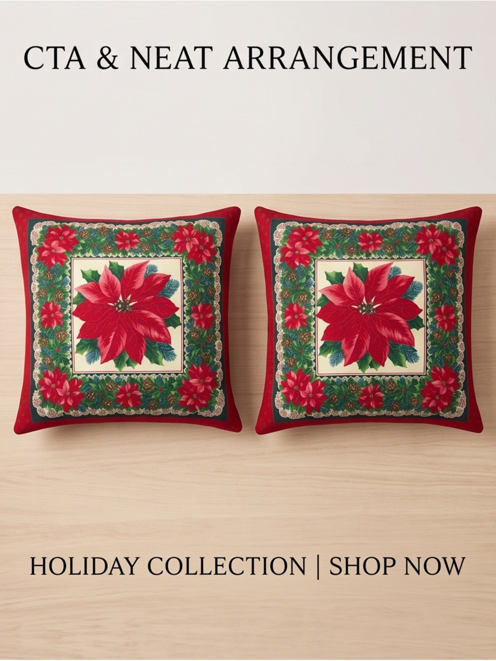 Set of 2 Vintage-Style Poinsettia Christmas Throw Pillows